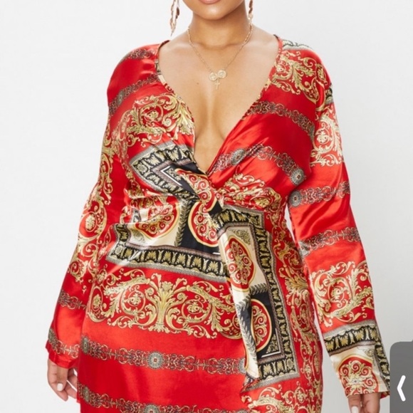 Pretty Little Thing Vibrant Red and Gold Patterned wrap Dress size 14 - Picture 2 of 5